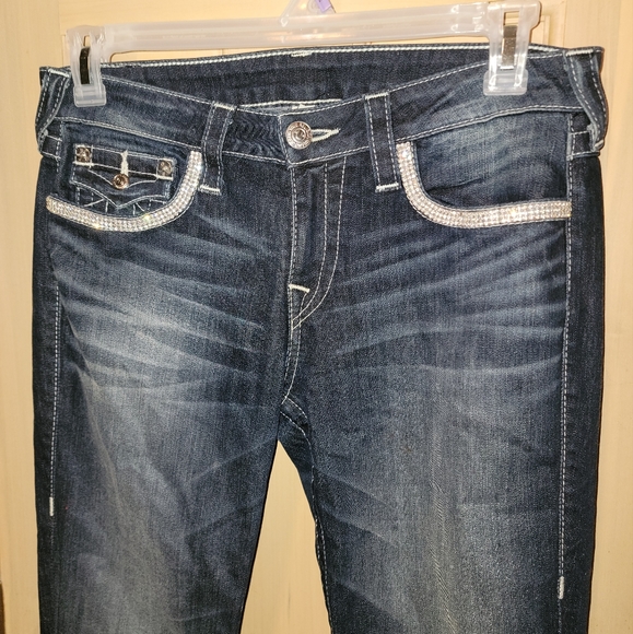 Misses sz 30 True Religion Jeans Crystal mesh pockets Slim Straight Stretch LN - Picture 3 of 10